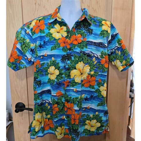 Hawaiian Floral Short Sleeve Shirt Squish Wear 100% Cotton L Blue Orange Yellow - Picture 1 of 5